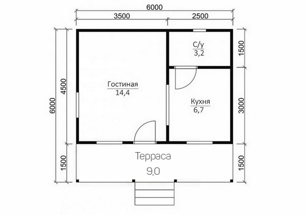 Каркасный дом 4.5х6 одноэтажный с террасой 1,5×6 - планировка